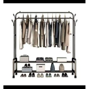 Portable Double Rail Metal Garment Rack with Shelves