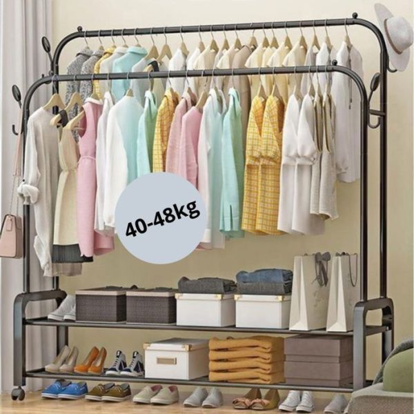 Portable Double Rail Metal Garment Rack with Shelves - Image 3