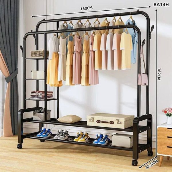 Portable Double Rail Metal Garment Rack with Shelves - Image 2