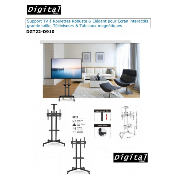 Mobile TV Stand for 32 to 65 inch TVs with Wheels and Shelf - Image 2